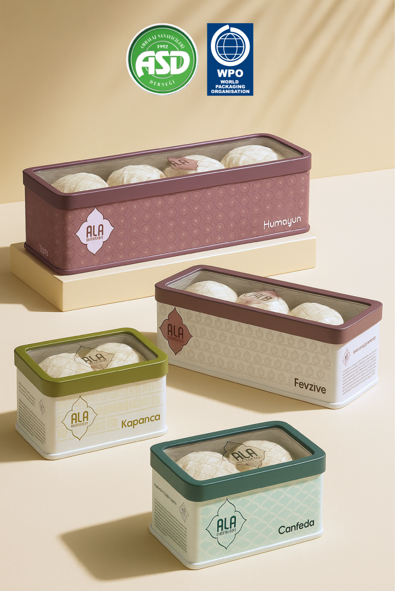 Ala Pismaniye awarded packaging design by Sinem Halli, an awarded independent designer. Elegant metal boxes for traditional Turkish sweet