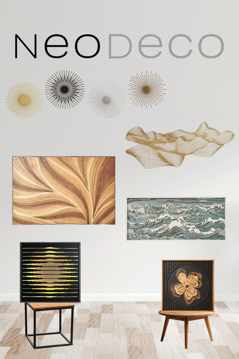 Product-led brand design for NeoDeco showing a wall art and homeware collection built around wood, metal, organic forms and muted natural tones.