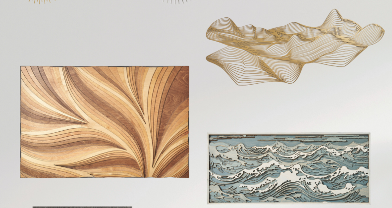 Product-led brand design for NeoDeco showing a wall art and homeware collection built around wood, metal, organic forms and muted natural tones.